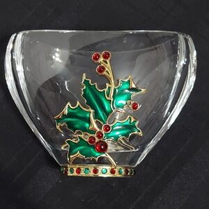 Christmas Fine Bohemian 24% Lead Crystal Vase Jeweled Holly Leaf 4"x5.5"